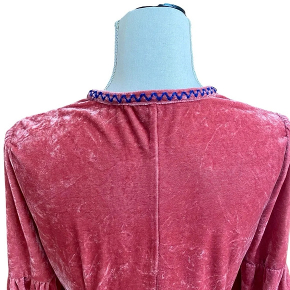Floryday Blush Pink Velvet Embroidered Blouse Medium | Boho Tassel Tie Top - Picture 12 of 15